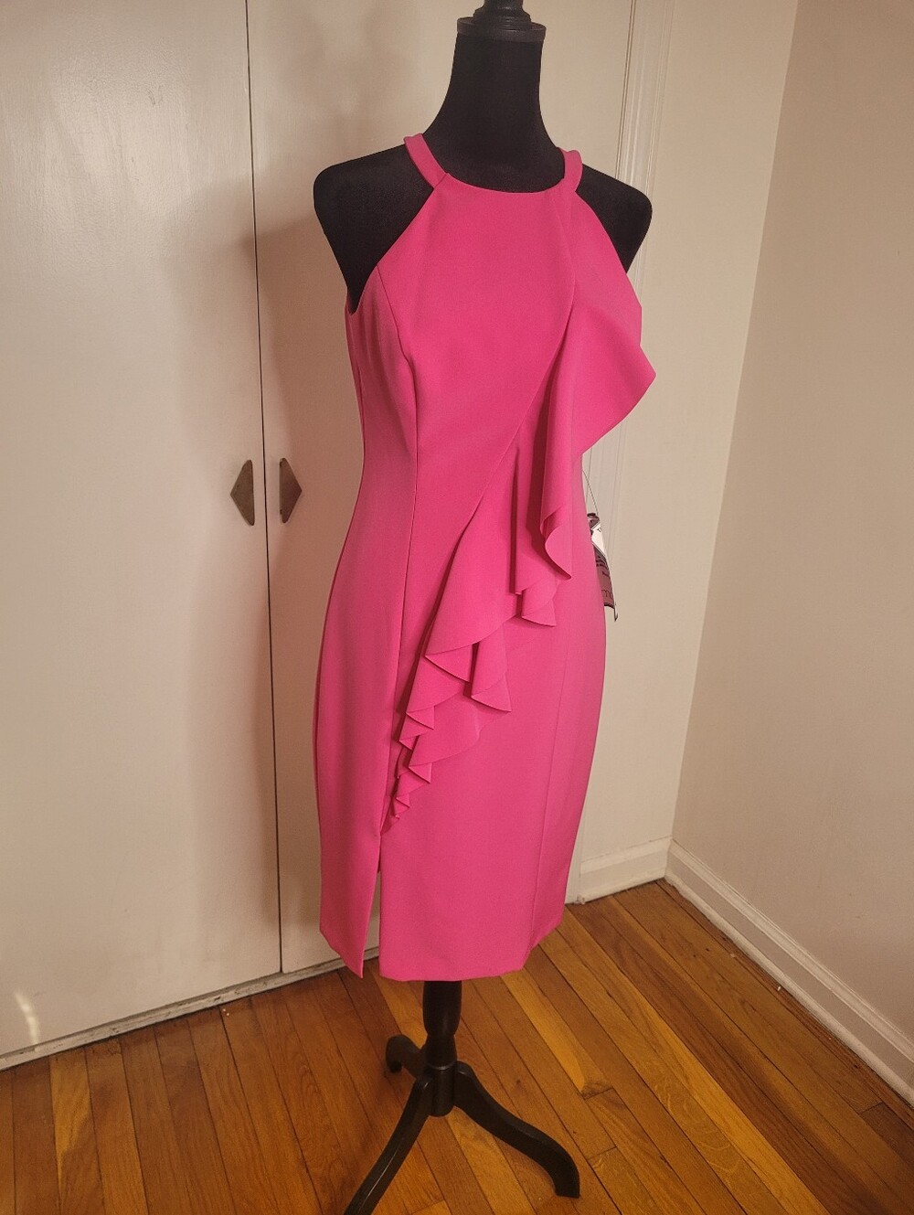 Vince Camuto Hot Pink Halter Ruffle Midi Dress